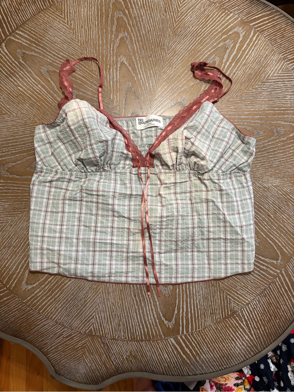 No Boundaries Cream and Green Plaid Camisole with Pink Trim